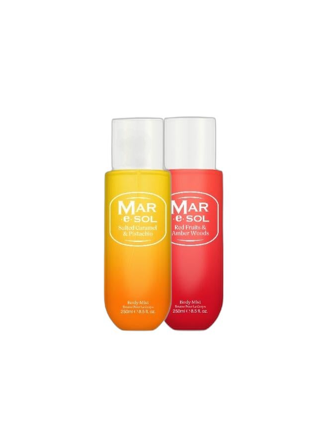 MAR.e.SOL Body Mist Bundle for Women – Pack of 2 (250ml Each) | Salted Caramel Pistachio + Red Fruits Amber Woods | Long-Lasting Sweet & Woody Fragrance Sprays - Image 1
