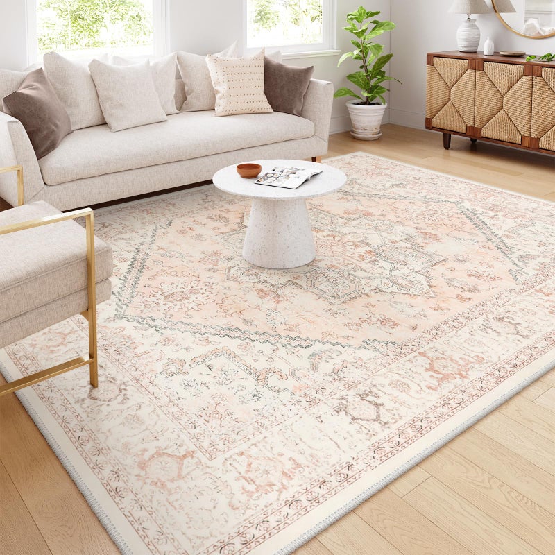 LIVEBOX Pink Area Rug 8x10 - Large Oriental Floral Living Room Rugs Accent Rug for Bedroom, Non-Slip Retro Medallion Carpet Print Distressed Rugs for Dining Room Office (Pink/Peach) - Image 2