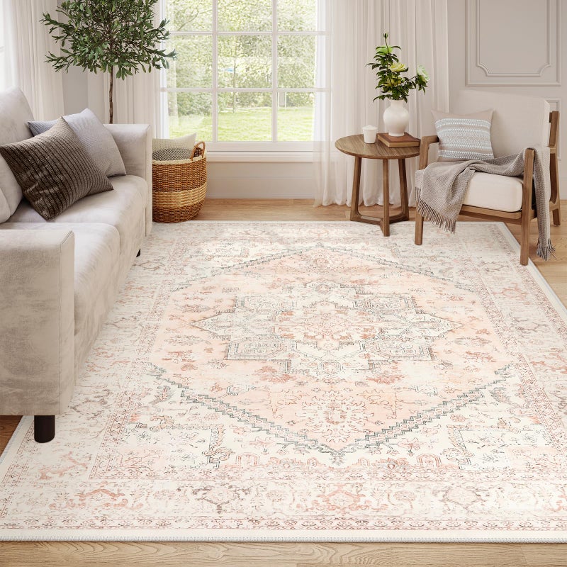 LIVEBOX Pink Area Rug 8x10 - Large Oriental Floral Living Room Rugs Accent Rug for Bedroom, Non-Slip Retro Medallion Carpet Print Distressed Rugs for Dining Room Office (Pink/Peach) - Image 1