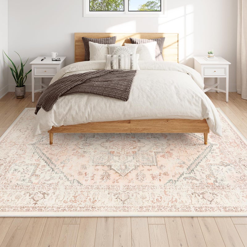 LIVEBOX Pink Area Rug 8x10 - Large Oriental Floral Living Room Rugs Accent Rug for Bedroom, Non-Slip Retro Medallion Carpet Print Distressed Rugs for Dining Room Office (Pink/Peach) - Image 3