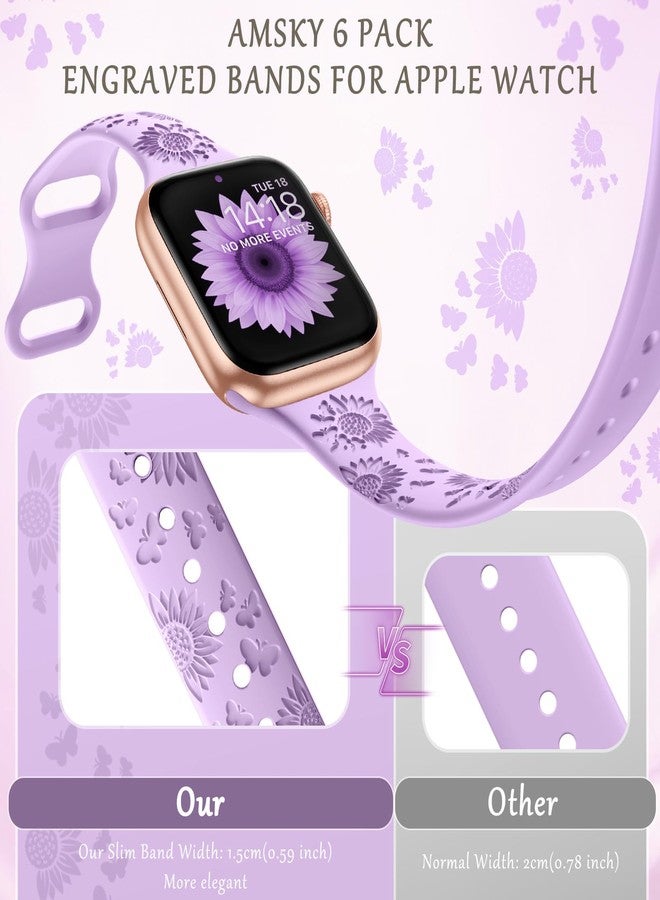 امسكاي مجموعة AMSKY من 6 أساور رفيعة محفورة بنقوش زهرية، متوافقة مع ساعات Apple Watch بمقاسات 40 مم، 41 مم، 42 مم، 38 مم، 44 مم، 45 مم، 46 مم، 49 مم، للنساء. سوار رياضي أنيق من السيليكون لساعات iWatch Series 10 Ultra و9 و8 و7 و6 و5 و4 و3 و2 و1 وSE. - Image 3