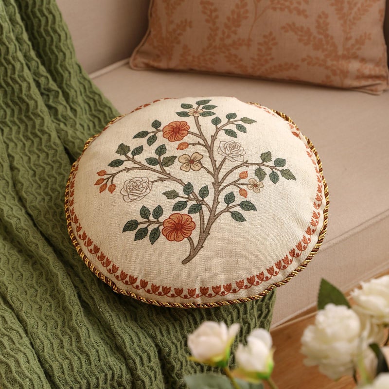ISAENNE Design Linen Classic Throw Pillow Covers Diameter 16" Pack of 2, French Farmhouse Round Cushion Covers with Orange White Floral Pattern Decor Pillowcases for Bed,Living Room,Outdoor,Car - Image 4