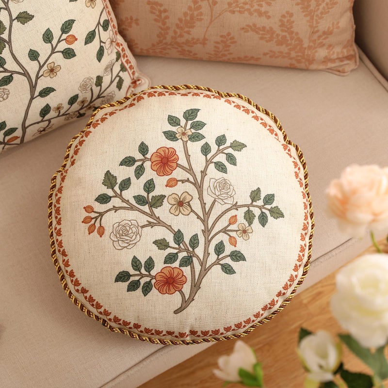 ISAENNE Design Linen Classic Throw Pillow Covers Diameter 16" Pack of 2, French Farmhouse Round Cushion Covers with Orange White Floral Pattern Decor Pillowcases for Bed,Living Room,Outdoor,Car - Image 2