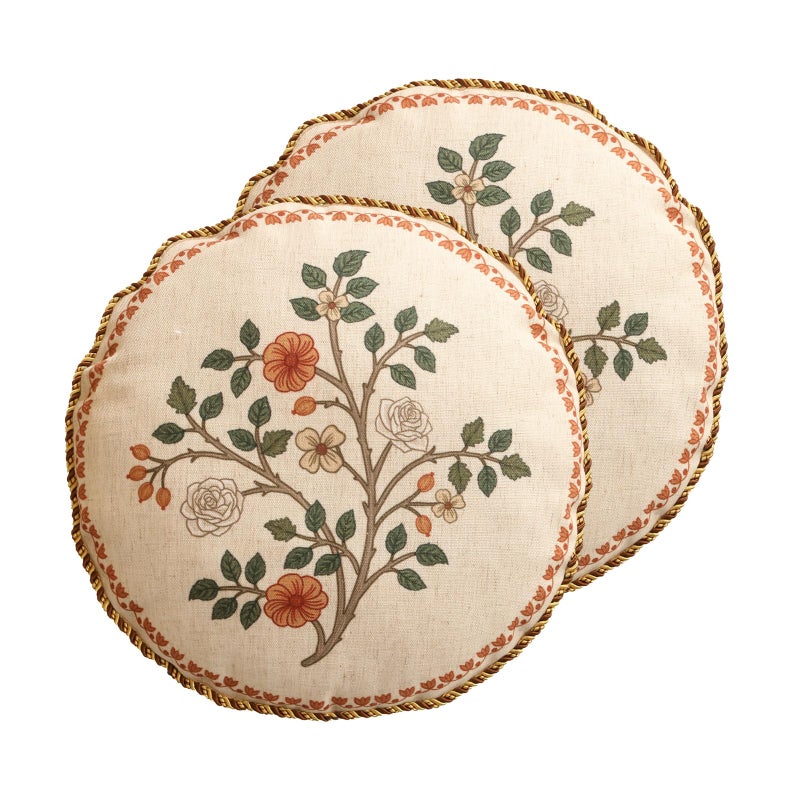 ISAENNE Design Linen Classic Throw Pillow Covers Diameter 16" Pack of 2, French Farmhouse Round Cushion Covers with Orange White Floral Pattern Decor Pillowcases for Bed,Living Room,Outdoor,Car - Image 1