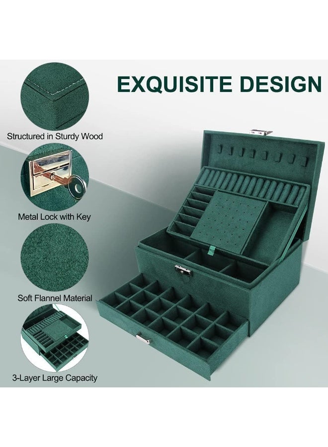 Jewelry Box Organizer for Women Girls, 3-Layer Jewelry Organizer with Lock and Drawer, Portable Jewellery Holder Removable Grids Tray Storage Case for Earring Rings Necklaces Bracelets Sunglasses - Image 4