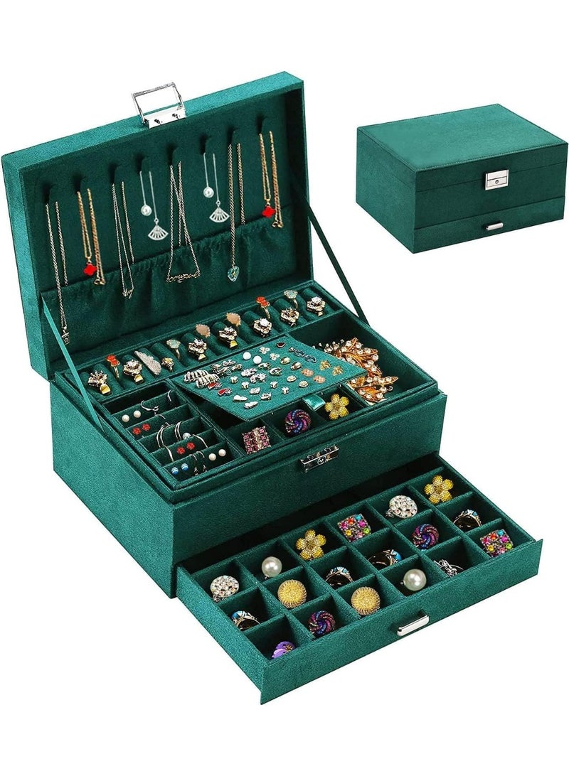 Jewelry Box Organizer for Women Girls, 3-Layer Jewelry Organizer with Lock and Drawer, Portable Jewellery Holder Removable Grids Tray Storage Case for Earring Rings Necklaces Bracelets Sunglasses - Image 1