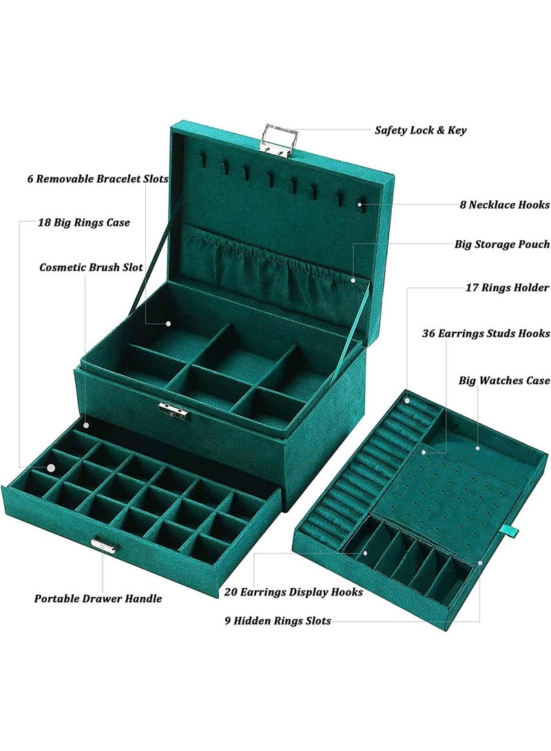 Jewelry Box Organizer for Women Girls, 3-Layer Jewelry Organizer with Lock and Drawer, Portable Jewellery Holder Removable Grids Tray Storage Case for Earring Rings Necklaces Bracelets Sunglasses - Image 2