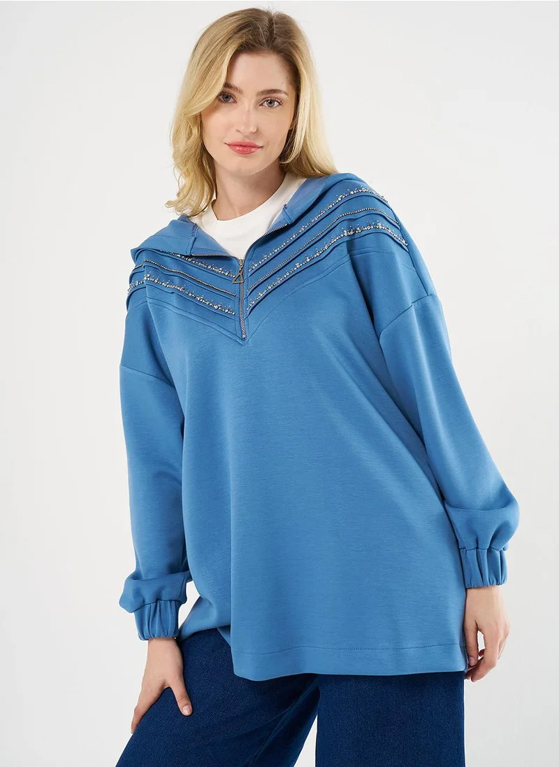 Kayra Stitch-Detail and Stone-Embellished Scuba Sweatshirt - Royal Blue