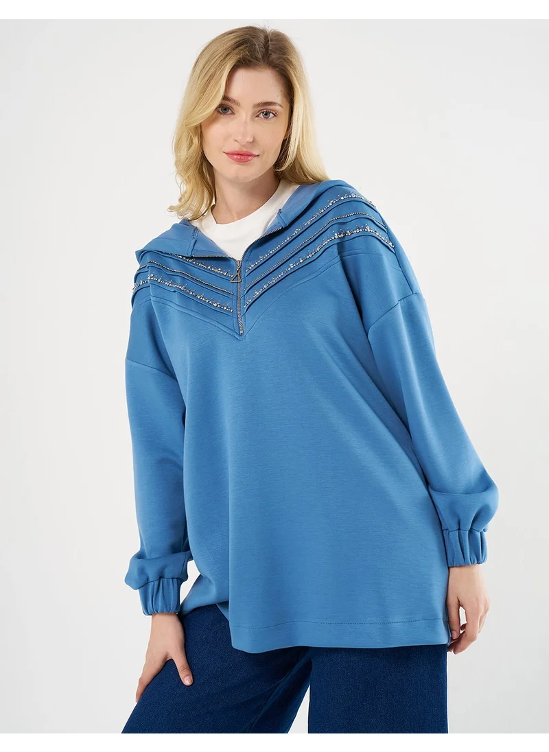 Kayra Stitch-Detail and Stone-Embellished Scuba Sweatshirt - Royal Blue