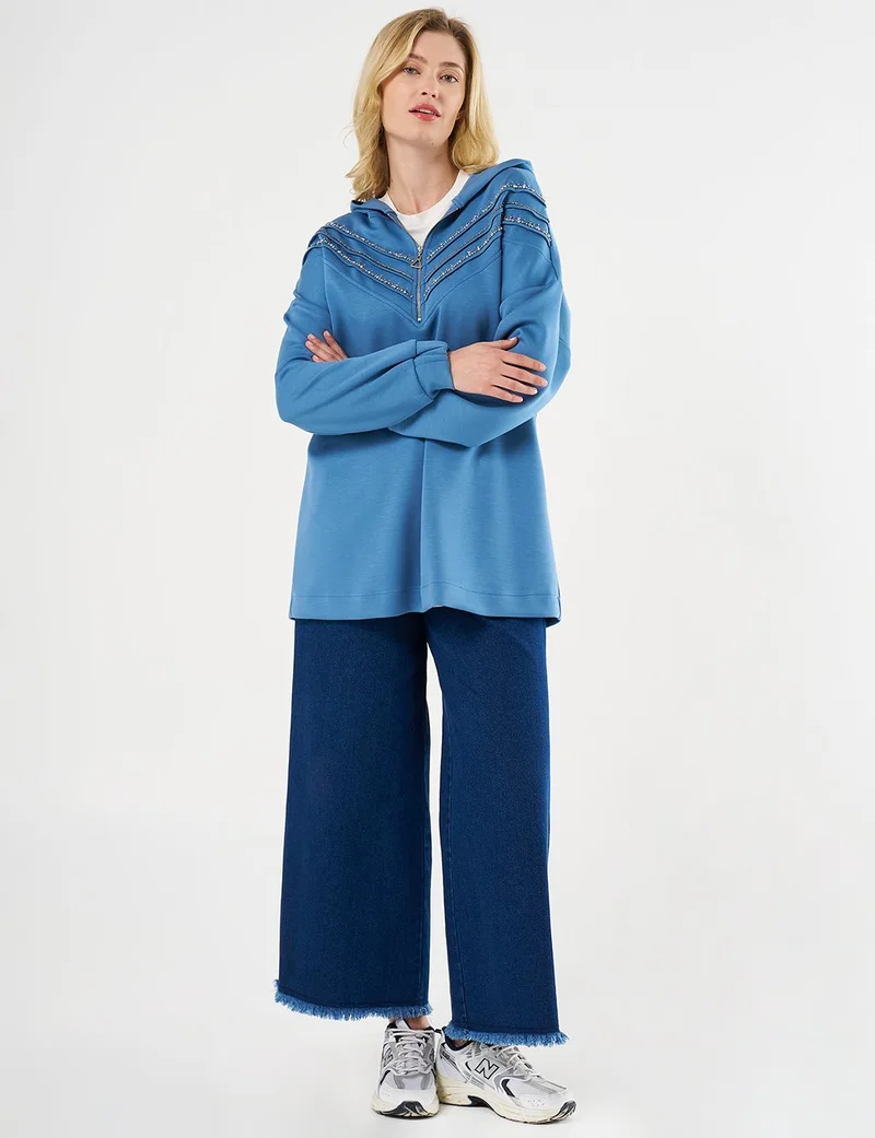 Kayra Stitch-Detail and Stone-Embellished Scuba Sweatshirt - Royal Blue