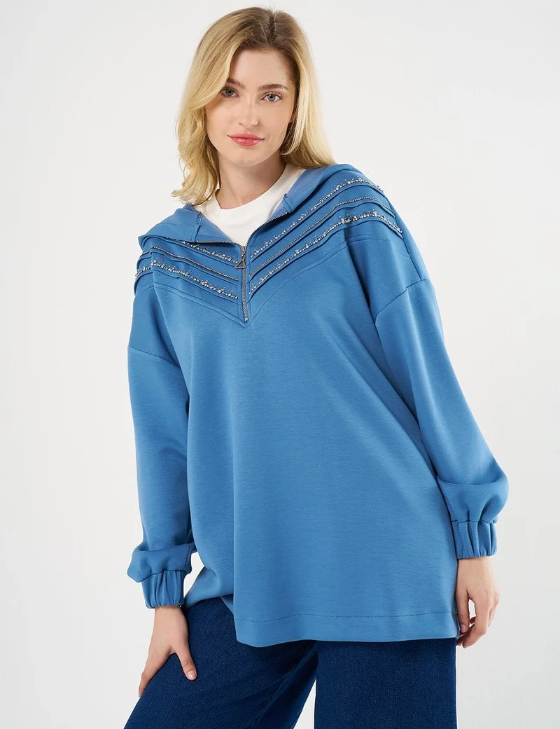Kayra Stitch-Detail and Stone-Embellished Scuba Sweatshirt - Royal Blue