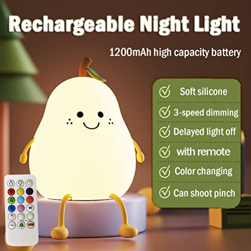LEDHOLYT LED Cute Pear Night Light, Silicone Fruit Pear Lamp with Remote, Squishy Kawaii Bedside Cute Lamp, Adjustable Brightness NightLight for Bedroom, Rechargeable Soft Glow NightLight for Room Decoration - Image 5