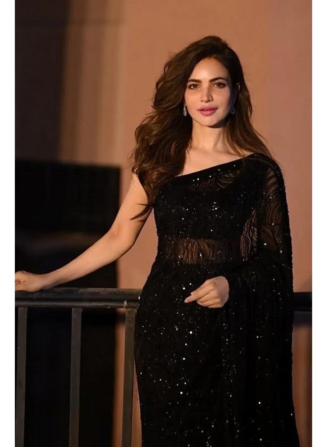 shiv textiles ساري شيف للأقمشة النسائية من جورجيت مزين بالخرز مع بلوزة من حرير بانجوري، أسود - ساري للنساء - Image 2