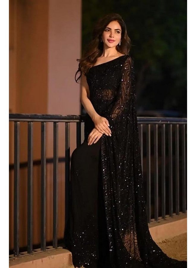 shiv textiles ساري شيف للأقمشة النسائية من جورجيت مزين بالخرز مع بلوزة من حرير بانجوري، أسود - ساري للنساء - Image 5