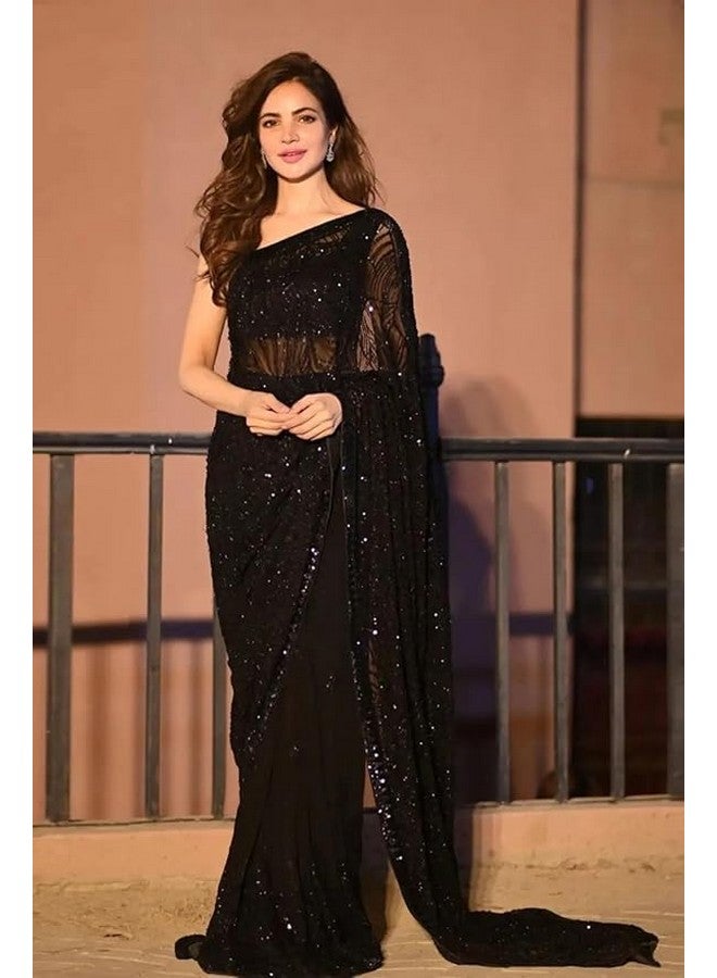 shiv textiles ساري شيف للأقمشة النسائية من جورجيت مزين بالخرز مع بلوزة من حرير بانجوري، أسود - ساري للنساء - Image 3