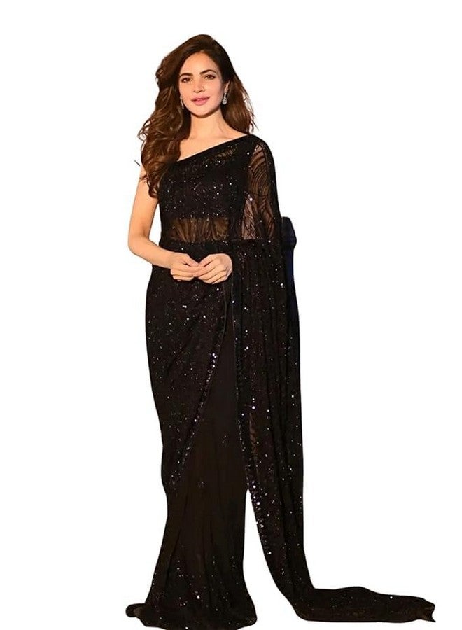 shiv textiles ساري شيف للأقمشة النسائية من جورجيت مزين بالخرز مع بلوزة من حرير بانجوري، أسود - ساري للنساء - Image 1