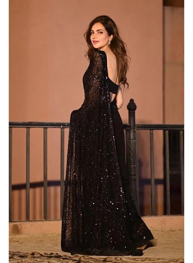 shiv textiles ساري شيف للأقمشة النسائية من جورجيت مزين بالخرز مع بلوزة من حرير بانجوري، أسود - ساري للنساء - Image 4