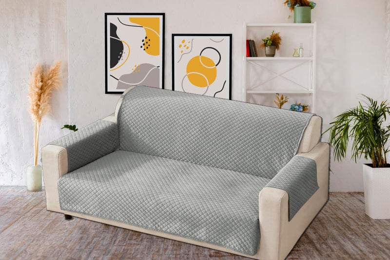 KINGLY Velvet Quilted Universal Elastic Sofa Cover Non-Slip Sofa Protector 3 Seater Armchair Cover with Machine Washable Adjustable Elastic Straps (3 Seater) (Silver Gray) - Image 1