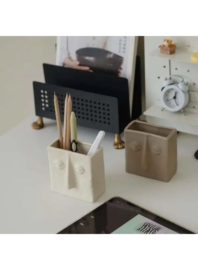 Modern Minimalist Square Pen Holder Beige Desktop Organizer With Smooth Edges For Office - Image 4
