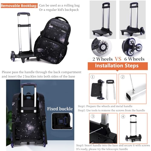 MITOWERMI Boys Rolling Backpacks Kids'Luggage Wheeled Backpack for School Kids Trolley Bags Space-Galaxy Roller Bookbag on 2 Wheels - Image 4