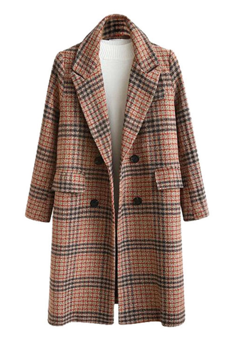 CHARTOU Womens Winter Oversize Lapel Collar Woolen Plaid Double Breasted Long Peacoat Jacket XLarge Camel