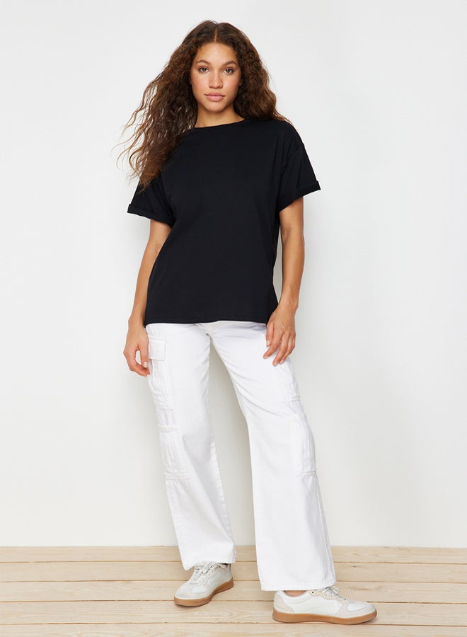 trendyol Black 100% Cotton Boyfriend/Wide Fit Crew Neck Knitted T-Shirt TWOSS20TS0134 - Image 3