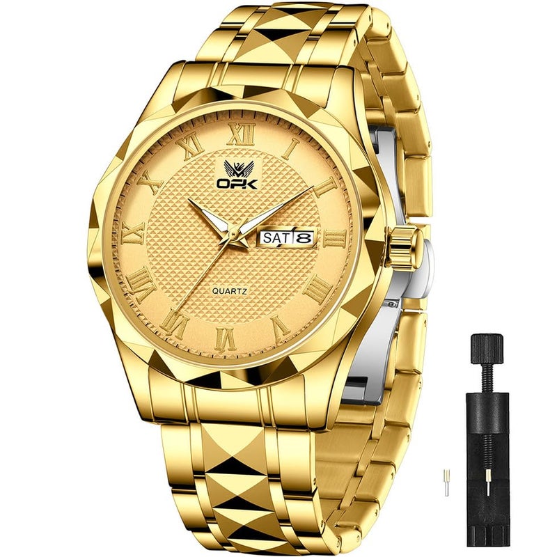 OPK Watch for Men Gold Business Large Analog Quartz Stainless Steel Day Date Waterproof Luminous Casual Wrist Watches - Image 1
