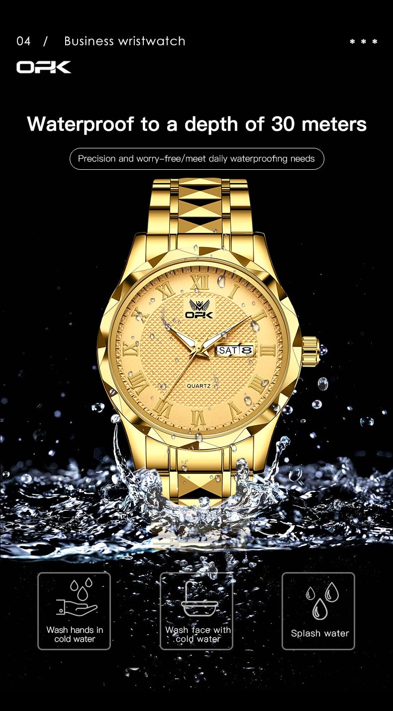 OPK Watch for Men Gold Business Large Analog Quartz Stainless Steel Day Date Waterproof Luminous Casual Wrist Watches - Image 5