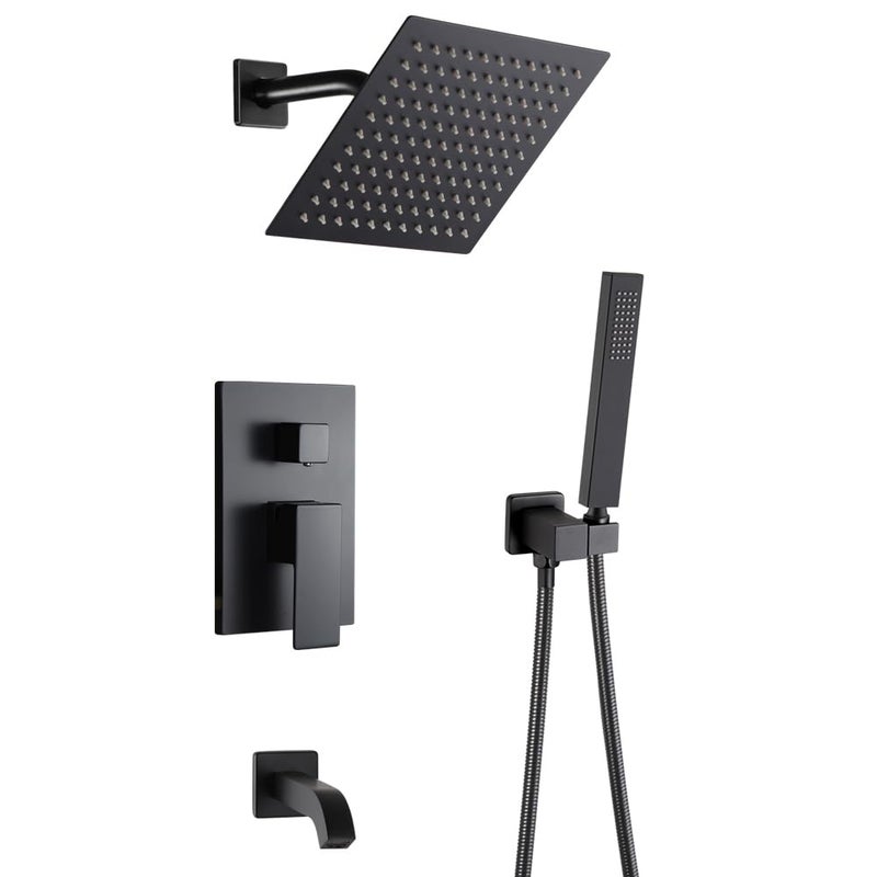POP SANITARYWARE Matte Black Shower Faucet Set with Tub Spout Bathroom Rainfall 8 Inch Shower Head System with Handheld Single Handle Shower Trim Kit with Valve