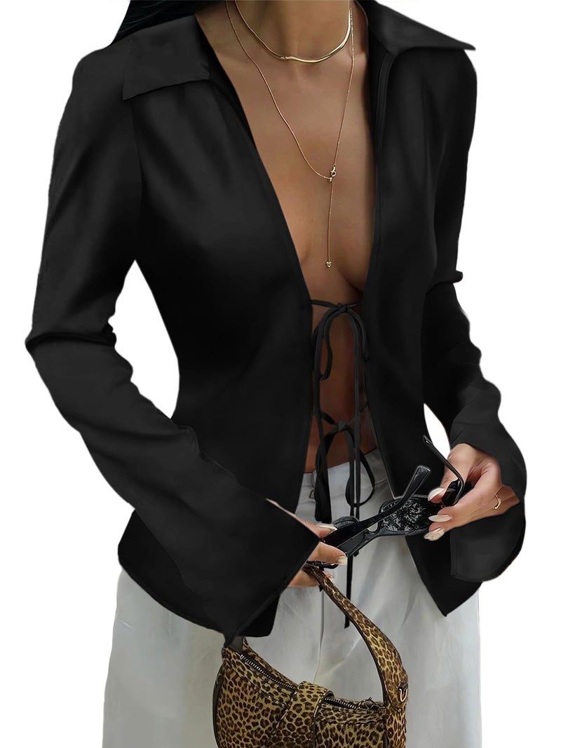 Cicy Bell Womens Sexy Tie Front Shirts Deep V Neck Club Tops Long Sleeve Y2k Going Out Blouse Black - Image 1