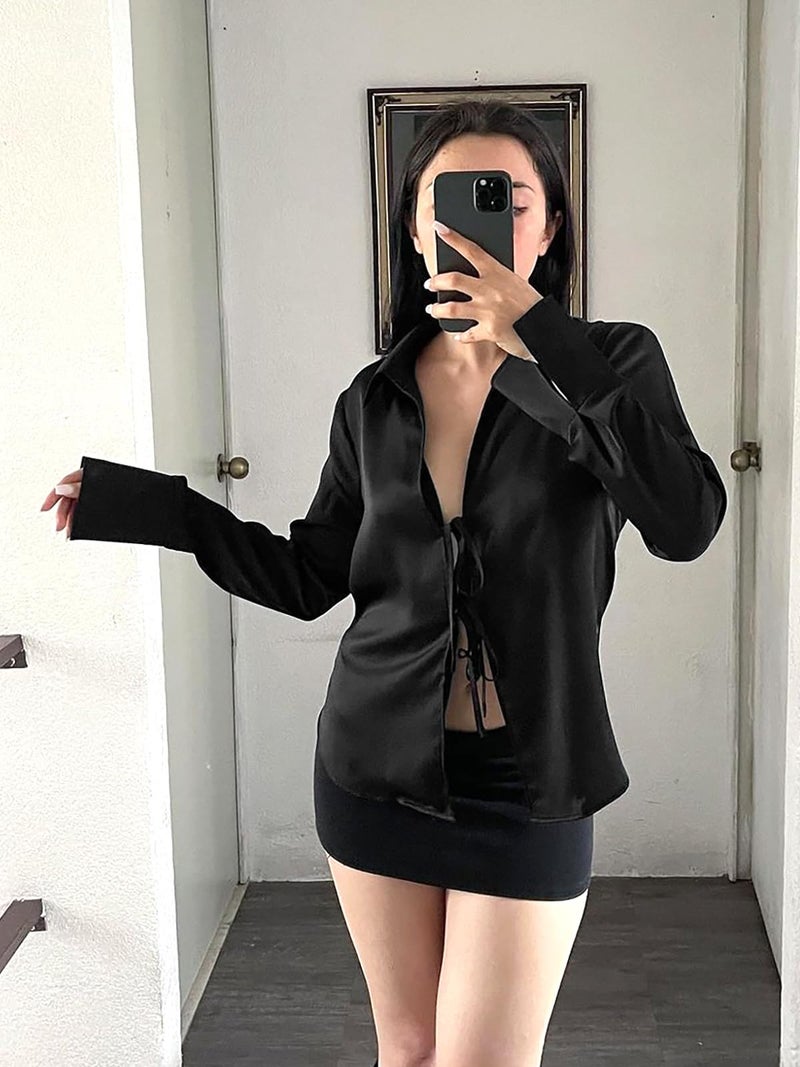 Cicy Bell Womens Sexy Tie Front Shirts Deep V Neck Club Tops Long Sleeve Y2k Going Out Blouse Black - Image 4