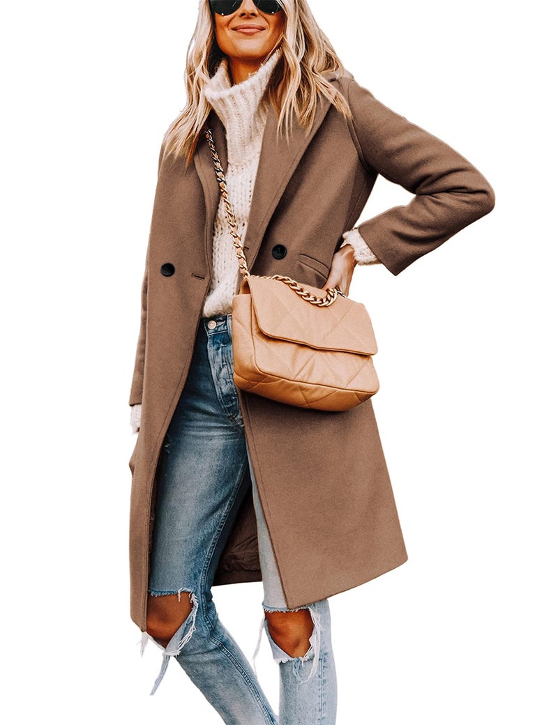 Tanming Women's Notch Lapel Double Breasted Wool Blend Mid Long Pea Trench Coat (Camel-XL) - Image 2