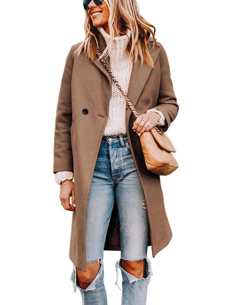 Tanming Women's Notch Lapel Double Breasted Wool Blend Mid Long Pea Trench Coat (Camel-XL) - Image 1