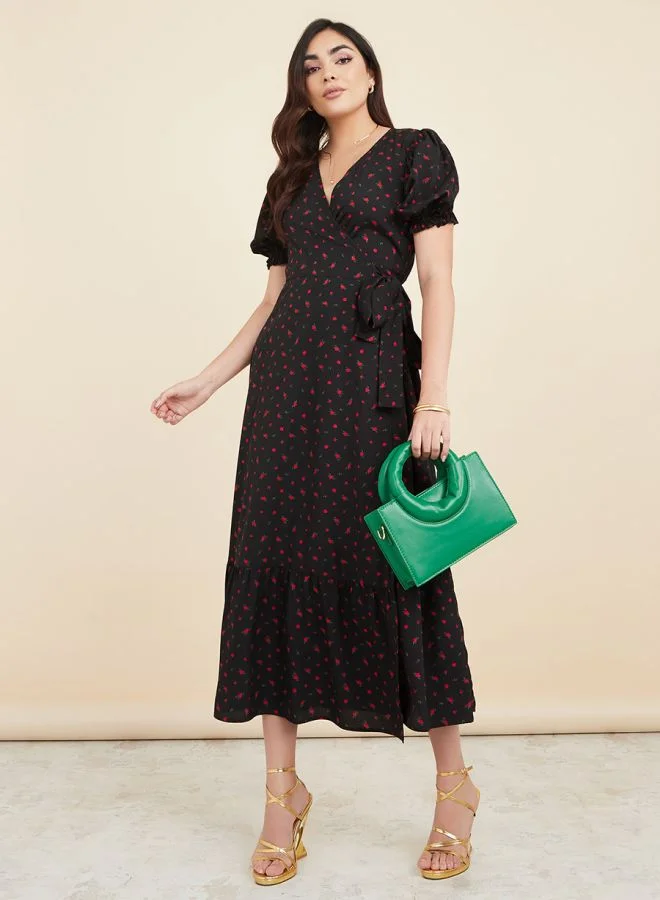 Styli Cuffed Sleeves Floral Print Wrap Midi Dress