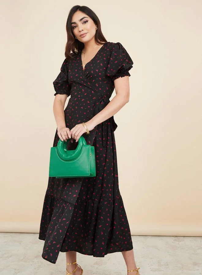 Styli Cuffed Sleeves Floral Print Wrap Midi Dress