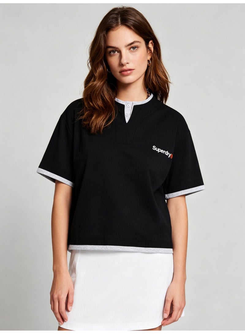 سوبر دراي Superdry couple fake two pieces of Henry collar short sleeve contrast loose T-shirt casual sports shirt for men and women. - Image 2