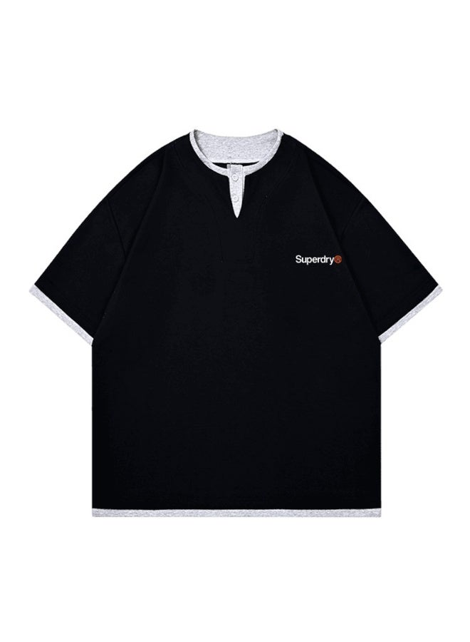 سوبر دراي Superdry couple fake two pieces of Henry collar short sleeve contrast loose T-shirt casual sports shirt for men and women. - Image 4