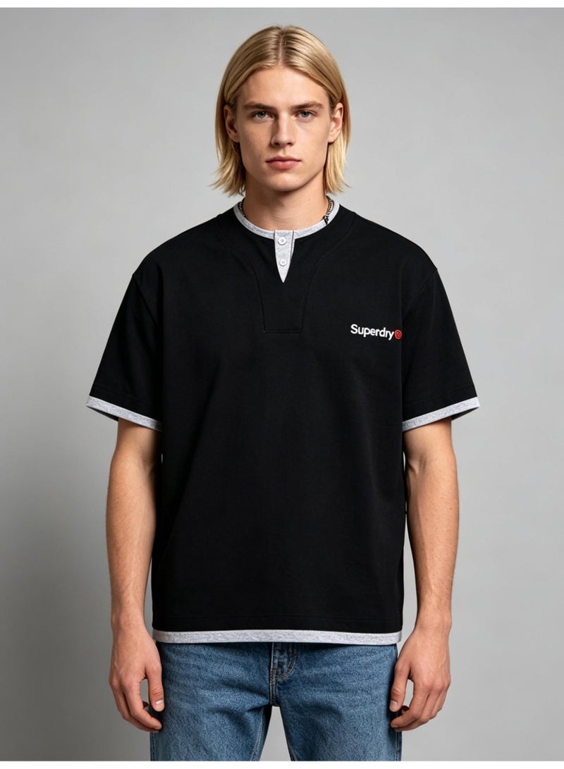 سوبر دراي Superdry couple fake two pieces of Henry collar short sleeve contrast loose T-shirt casual sports shirt for men and women. - Image 1
