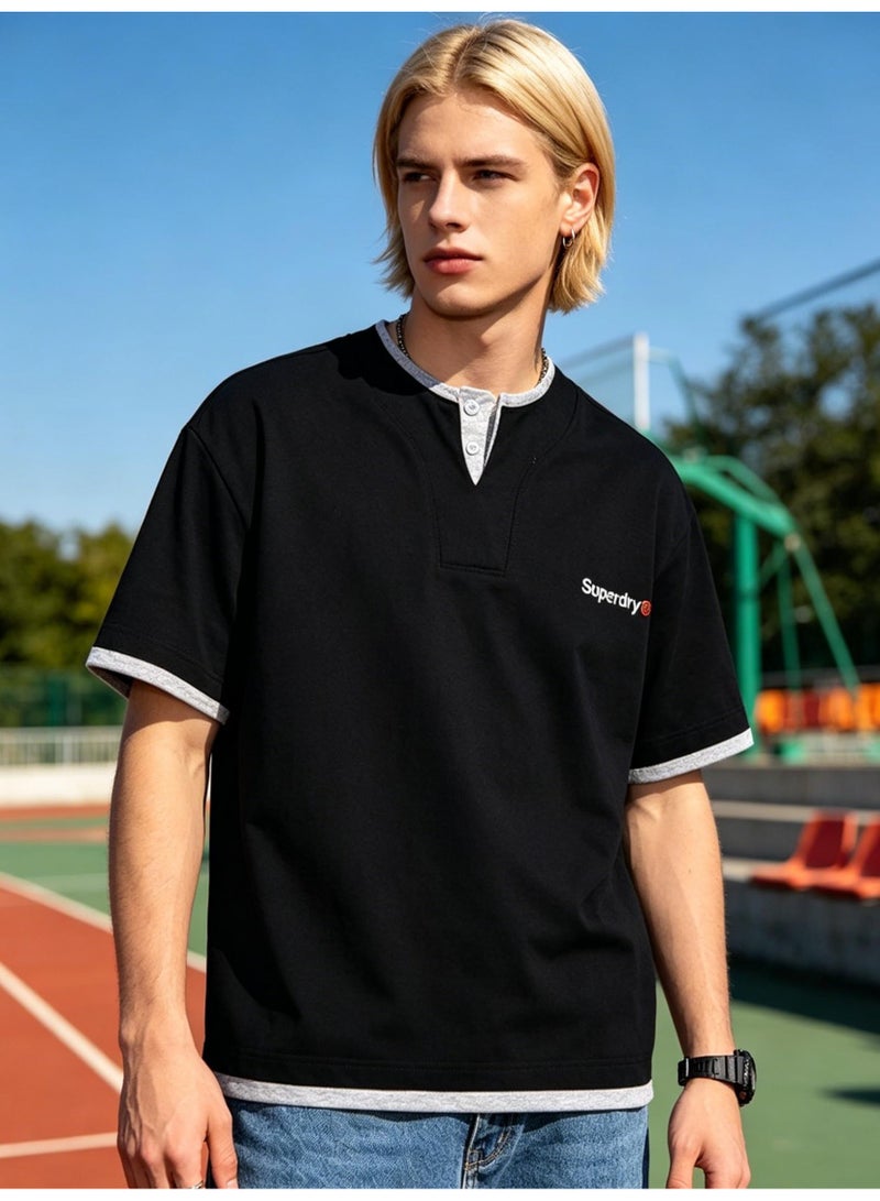 سوبر دراي Superdry couple fake two pieces of Henry collar short sleeve contrast loose T-shirt casual sports shirt for men and women. - Image 5