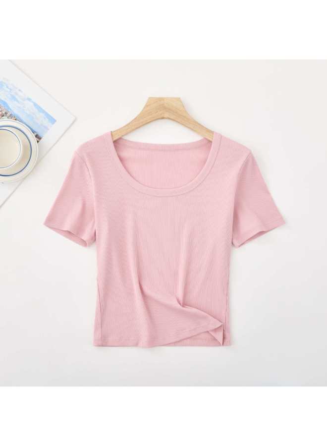 [ready Stock Customization] Tencel Short-sleeved Women's Summer Versatile U-neck Top Simple Slim Fit Cool Breathable T-shirt For Women