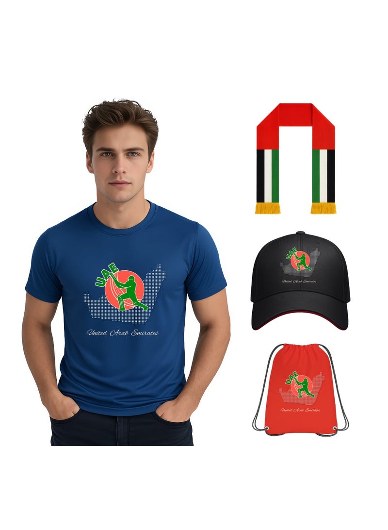 PRINTSHOP4ME UAE Sports Men's Combo Set–Dry Fit T-Shirt,Drawstring Bag,Cap & Scarf–Ideal For Cricket,Outdoor Events &Everyday Casual Wear - Image 1