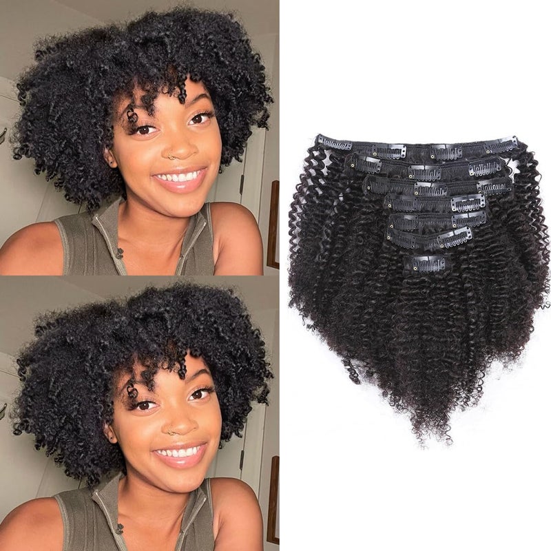 Caliee Afro Kinky Curly Clip in Hair Extension Human Hair Double Weft Brazilian Unprocessed Remy Natural Black Hair 12 Inch 120Gram