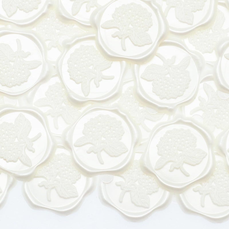 Andotopee 50pcs Hydrangea Wax Seal Stickers, Andotopee Floral Botanical Envelope Seal Stickers, Self-Adhesive Pearl White Stickers Pre-Made from Real Sealing Wax, Great for Wedding Invitation, Gift Wrapping - Image 1