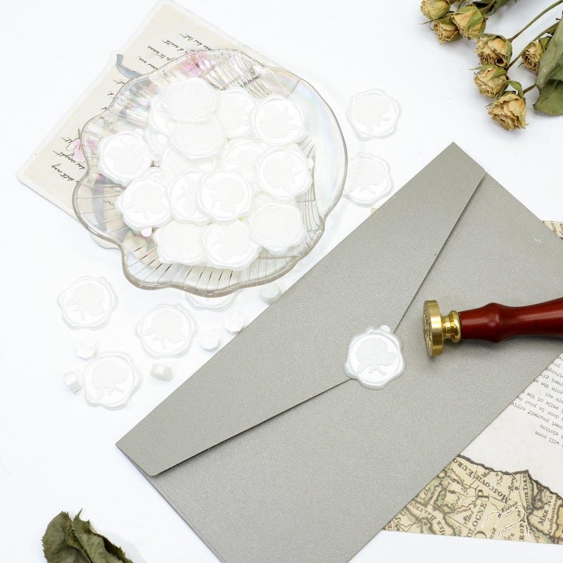 Andotopee 50pcs Hydrangea Wax Seal Stickers, Andotopee Floral Botanical Envelope Seal Stickers, Self-Adhesive Pearl White Stickers Pre-Made from Real Sealing Wax, Great for Wedding Invitation, Gift Wrapping - Image 5