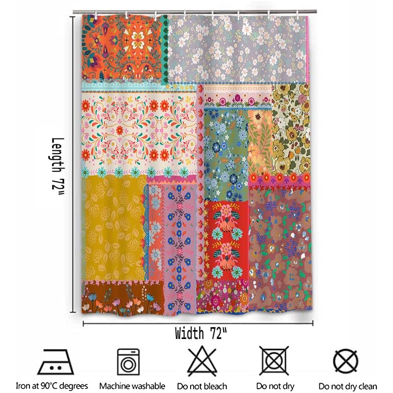 Lofaris Boho Patchwork Shower Curtains for Bathroom Bohemian Style Stitching Colorful Floral Vintage Retro Shower Curtains Bathtubs Waterproof Fabric Curtain Set Decor with 12 Hooks 72x72 Inches - Image 3