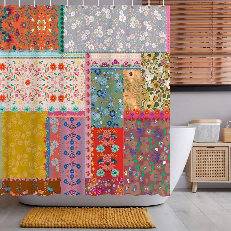Lofaris Boho Patchwork Shower Curtains for Bathroom Bohemian Style Stitching Colorful Floral Vintage Retro Shower Curtains Bathtubs Waterproof Fabric Curtain Set Decor with 12 Hooks 72x72 Inches - Image 5