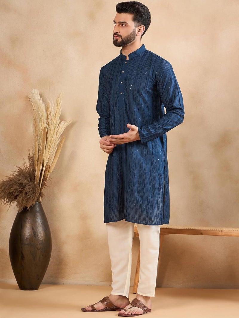 SWAGG INDIA كُرتا تقليدي عادي من الكتان مزخرف للرجال - Image 3