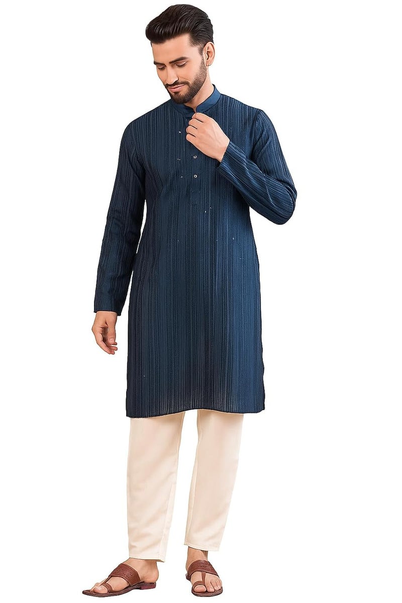 SWAGG INDIA كُرتا تقليدي عادي من الكتان مزخرف للرجال - Image 1
