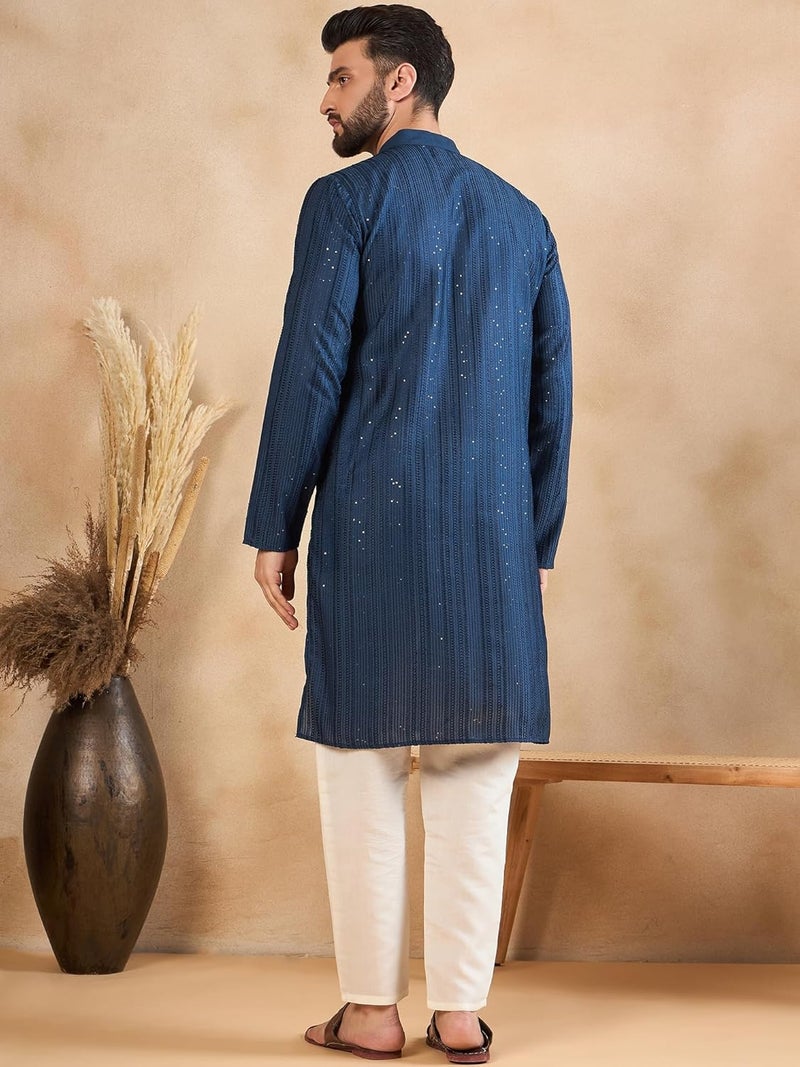 SWAGG INDIA كُرتا تقليدي عادي من الكتان مزخرف للرجال - Image 4
