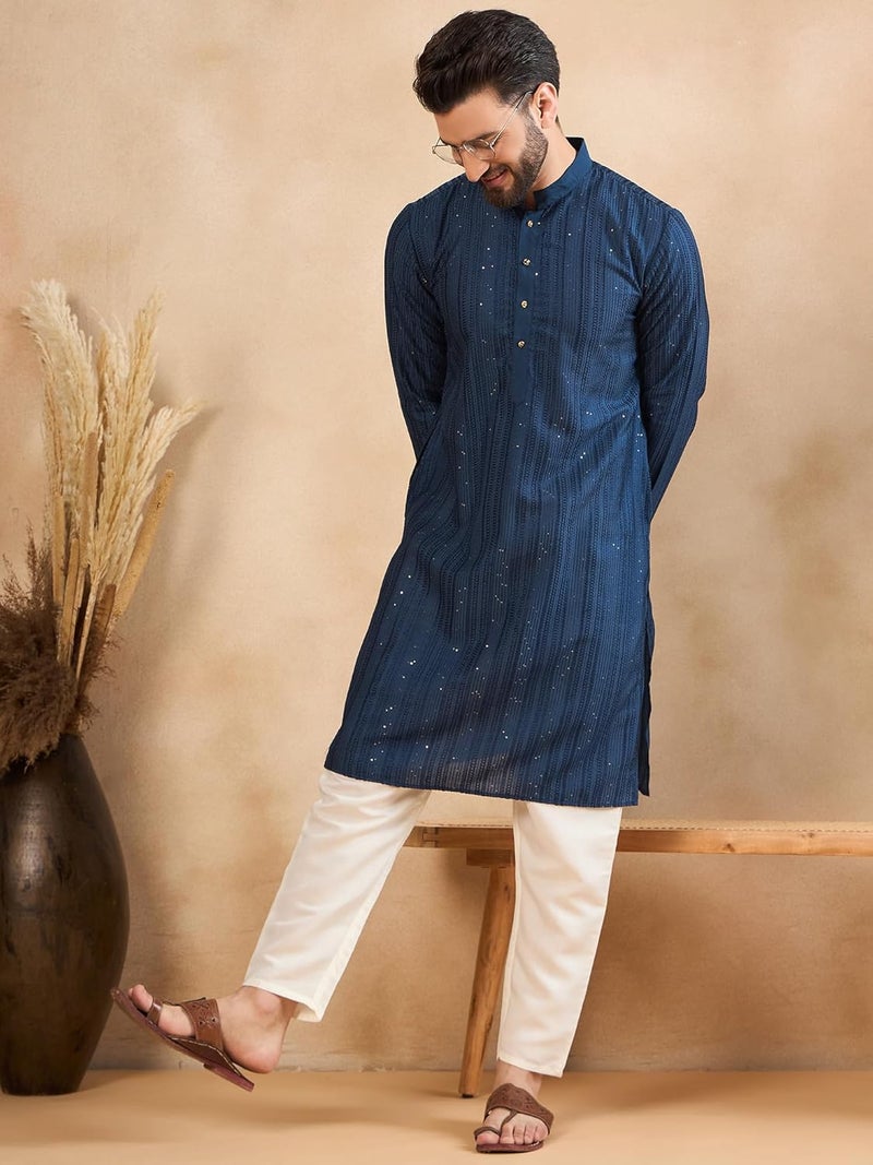 SWAGG INDIA كُرتا تقليدي عادي من الكتان مزخرف للرجال - Image 2